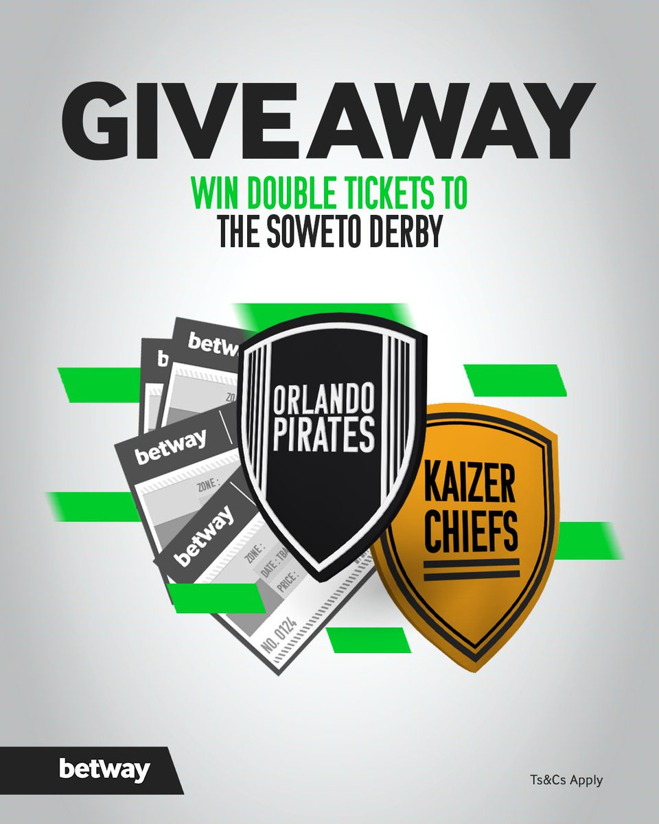Betway_za's tweet photo. 🚨 Promo 🚨

Stand a chance to win 1 of 5 double tickets to the Soweto Derby 🔥

1. Retweet this post
2. Tell us one legend you would love to bring back to the game from either Kaizer Chiefs or Orlando Pirates 

Random winners will be announced Wednesday afternoon

#DStvPrem https://t.co/8QKiqLkqFo