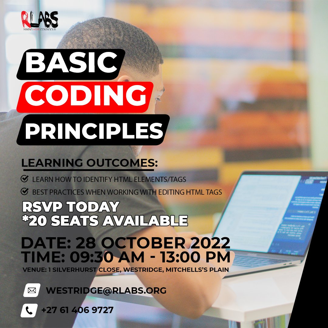 RLabs's tweet image. Interested in learning a little bit about coding? Then this course is perfect for you.
1.Introduction to the fundamental Coding languages & learn how to Identify html/elements tags.
2.Learn best practices when working with/ editing html tags.
#codingprinciples #mitchellsplain