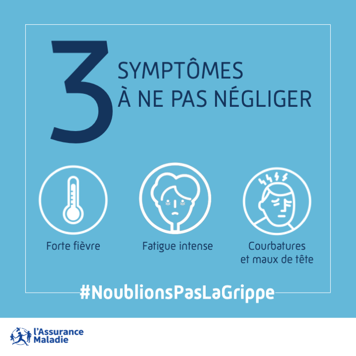 #NoublionsPasLaGrippe │Forte fièvre 🤒 Fatigue intense 🥱 Courbatures et maux de tête 😶‍🌫️ Ce sont les symptômes de la Grippe, une maladie pas anodine... qui peut entraîner des complications graves chez les personnes fragiles. Pour vous protéger #VaccinezVous