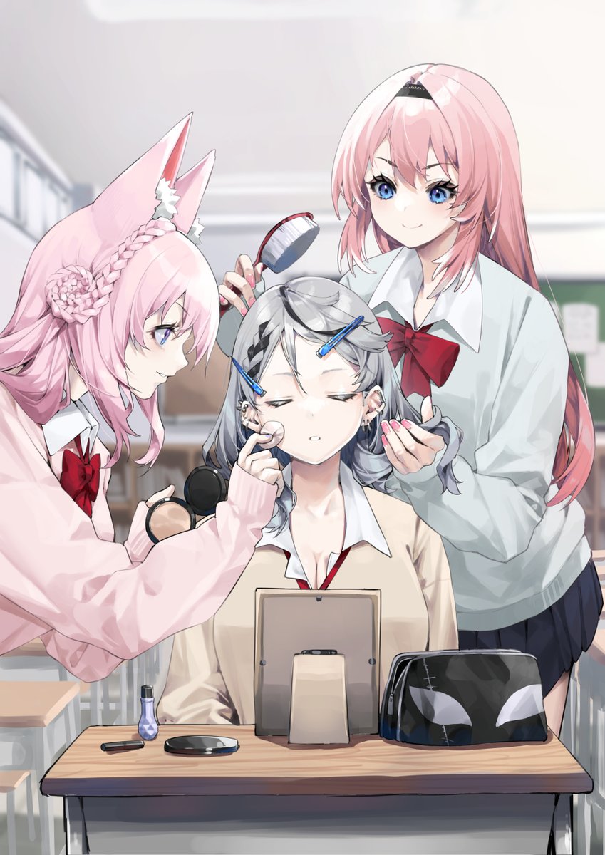 hakui koyori ,sakamata chloe ,takane lui multiple girls 3girls pink hair blue eyes animal ears grey hair long hair  illustration images
