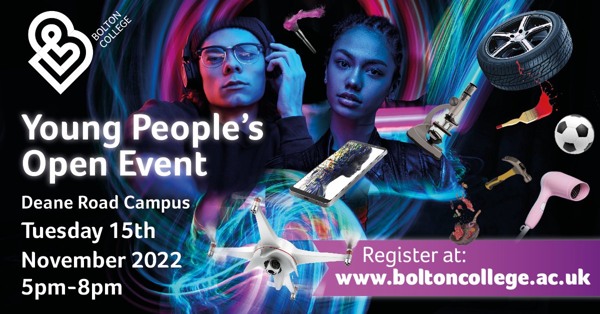 BoltonCollege's tweet photo. The best way to discover what life as a Bolton College student is likeโ is to come along to our next Open Event with any questions you may want to ask us. Register at https://t.co/6BjGpapib9
#StudyProgrammes #TLevels #Apprenticeships https://t.co/pj6IegkpIw