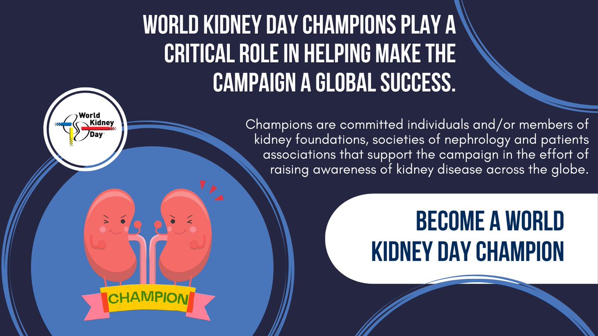 If you are committed to #RaiseAwareness about kidney health, become a #WorldKidneyDay Champion! You can help us promote and spread the World Kidney Day message! Find out more on ➡️ worldkidneyday.org/our-champions/ #KidneyDisease #Spreadtheword #RaiseYourVoice