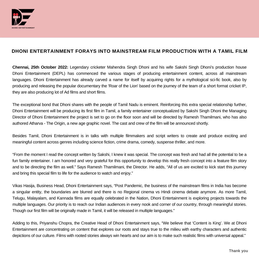 Dhoni Entertainment Pvt Ltd tweet media