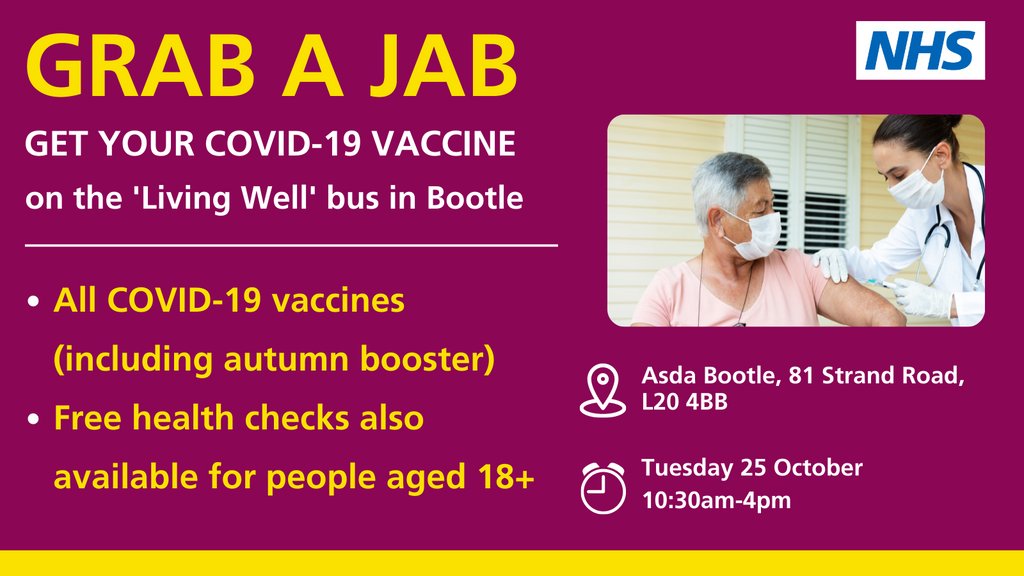 HWatchSefton's tweet photo. Need a COVID-19 booster or autumn flu jab? The Living Well bus is at Asda Bootle Today between 10.30am and 4pm! No need to book, just pop along.
Free health checks (if time and capacity allows).
#livingwellbus #livingwellsefton #sefton #bootle #bootleasda #healthwatchsefton https://t.co/NZ0CN6rMJU