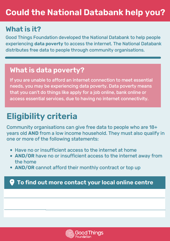 leedslibraries's tweet photo. We have partnered with @GoodThingsFdn National Databank to help get people online!

If you are 18+, have little access to the internet or are struggling with your bills, come to Leeds Central Library at 1.30pm on Weds 26th and we can provide sim cards for up to 6 months. https://t.co/LRnwYBiqq2