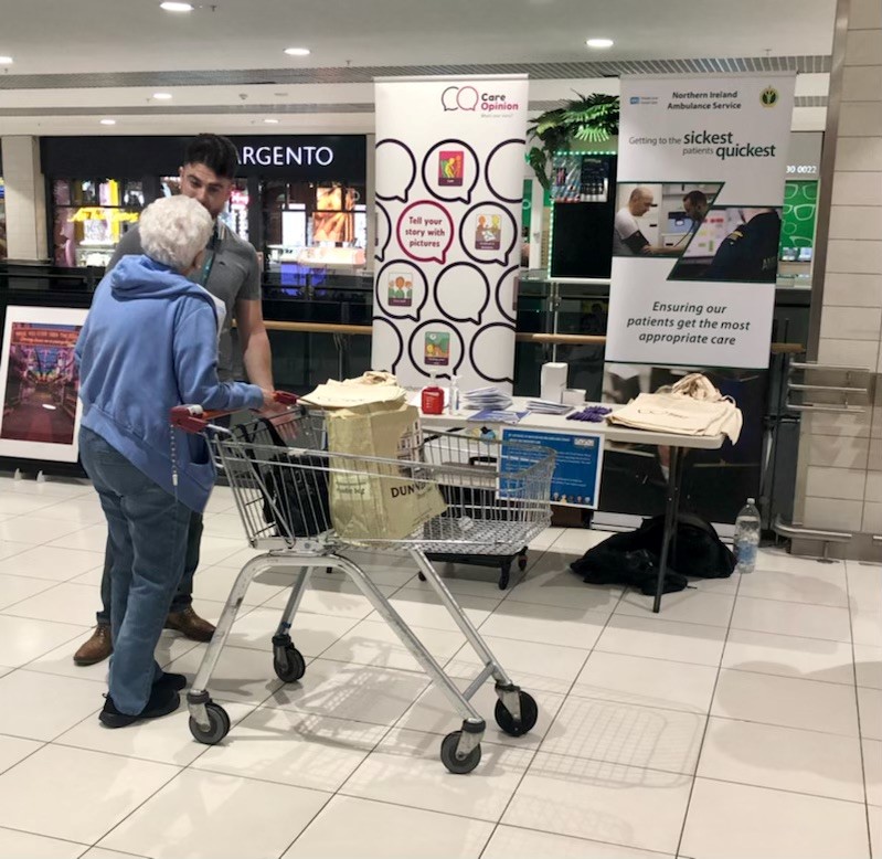 NIAS999's tweet photo. The NIAS Patient experience team at another of their Roadshows today.  They want to hear from you and will be at the @KCbelfast until 4pm. 
Have you or any loved ones used @NIAS999 emergency service in the last 18 months? If so, then we want to hear more! https://t.co/vGFhrVn69S