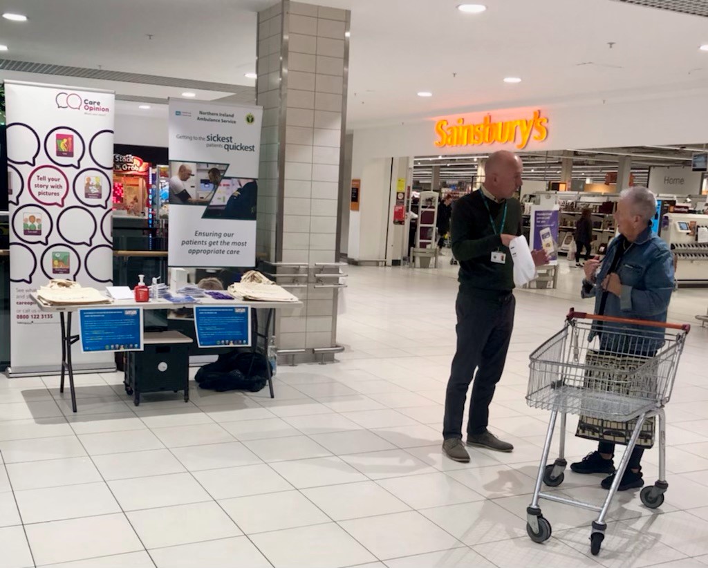 NIAS999's tweet photo. The NIAS Patient experience team at another of their Roadshows today.  They want to hear from you and will be at the @KCbelfast until 4pm. 
Have you or any loved ones used @NIAS999 emergency service in the last 18 months? If so, then we want to hear more! https://t.co/vGFhrVn69S