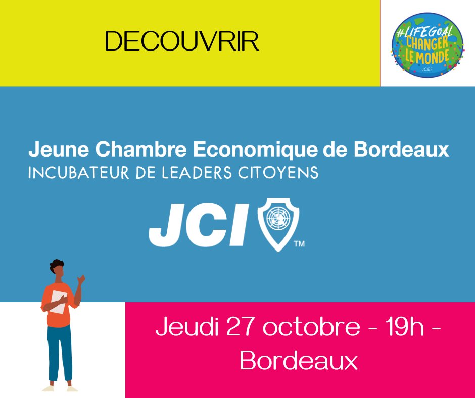 [🔔 RDV MENSUEL]
Tu as entre 18 et 40 ans ? Tu souhaites te former et t'investir pour ton territoire ? Viens découvrir la Jeune Chambre Économique de Bordeaux !
🗒 jeudi 27 octobre
⏰ à 19h
📍 2 bis rue Charles Lamoureux 
Inscription👉 forms.office.com/r/kD3yd9fRJY
#engagementcitoyen