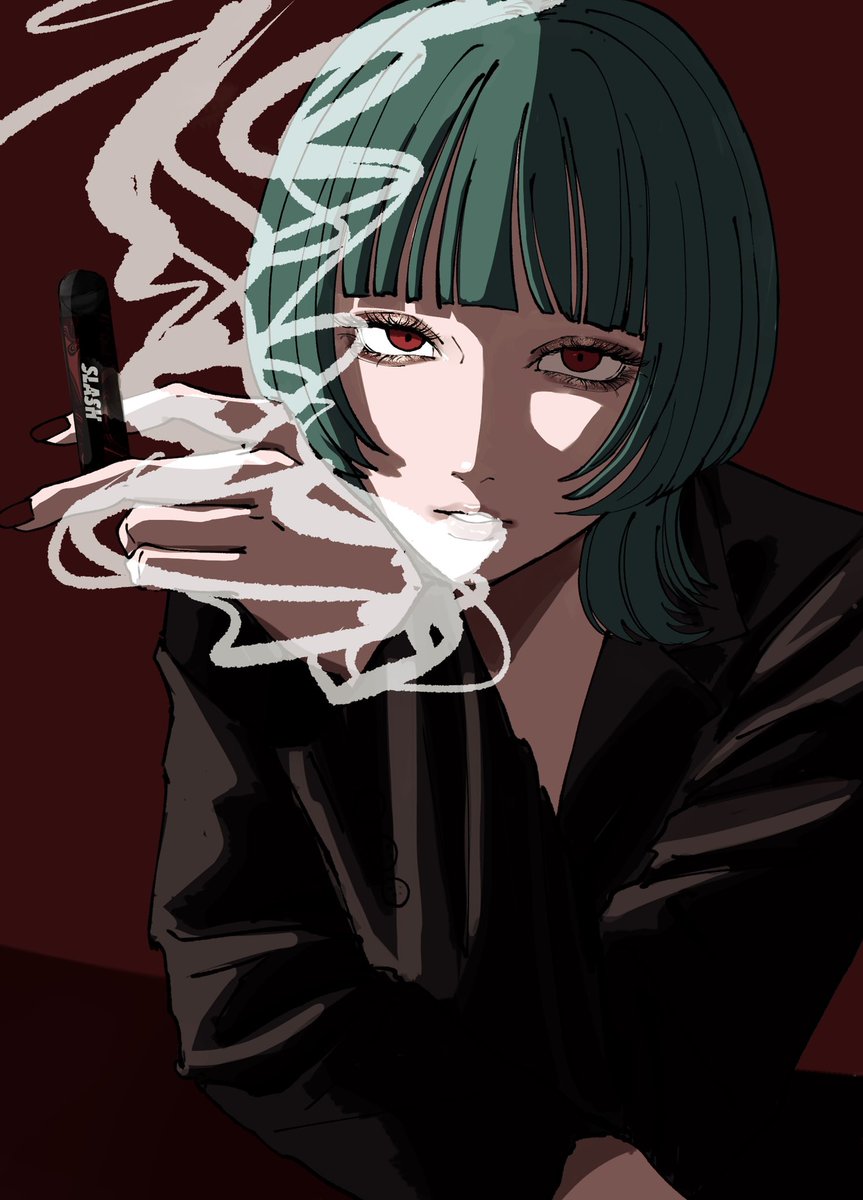 1girl solo red eyes red background holding cigarette smoking  illustration images