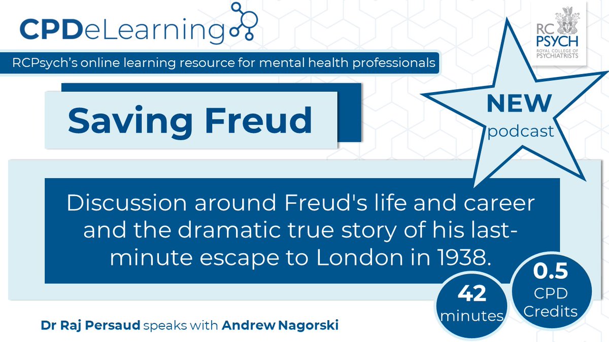 rcpsych_eLearn's tweet photo. Brand #new #CPDeLearning #podcast 'Saving Freud' now #live on the #eLearningHub.
@DrRajPersaud talks to @AndrewNagorski about #Freud, his #life and #career.
🔗➡️ https://t.co/nn4JgCbH5o
#CPDCredits #educationallistening #psychology #eLearning #onlinelearning #commutelistening https://t.co/GuZoy1oEXD