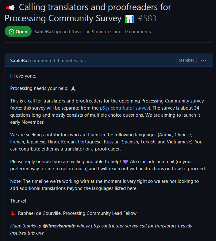 Processing needs your help! 

We are looking for fluent Arabic, Chinese, French, Japanese, Hindi, Korean, Portuguese, Russian, Spanish, Turkish, and Vietnamese speakers to help translate the upcoming Processing Community Survey

More here ➡ github.com/processing/pro…

Thanks 💜