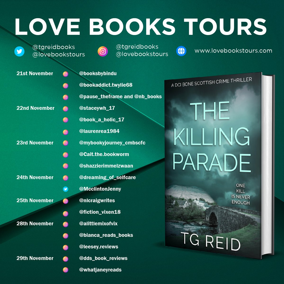 KellyALacey's tweet photo. Book Blog Tour Alert ⏰
Coming soon is the #blogtour for The Killing Parade by T. G. Reid @tgreidbooks
organised by @lovebookstours @KellyAlacey
21st - 29th Nov
🛒 https://t.co/oymWDhDN0Z
#Bookreview #BookTwitter #Bookstagram #BlogTour #DCIBone #TheBonebooks https://t.co/5cbpIQJLDj