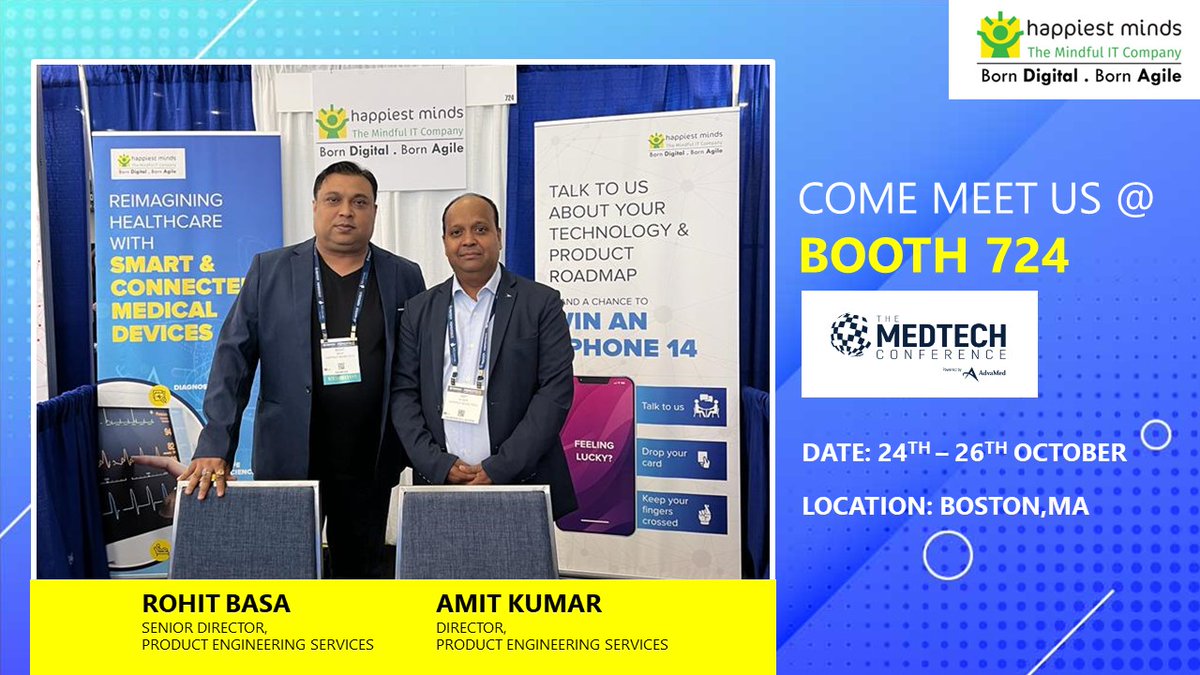 HappiestMinds's tweet image. Day 1 of the MedTech Conference is in the books and it was great to interact with so many and get the pulse of the latest developments in the world of medical devices and healthcare. We are at Booth 724, so come by and say hello 
#MedTechConference #MedicalDevices