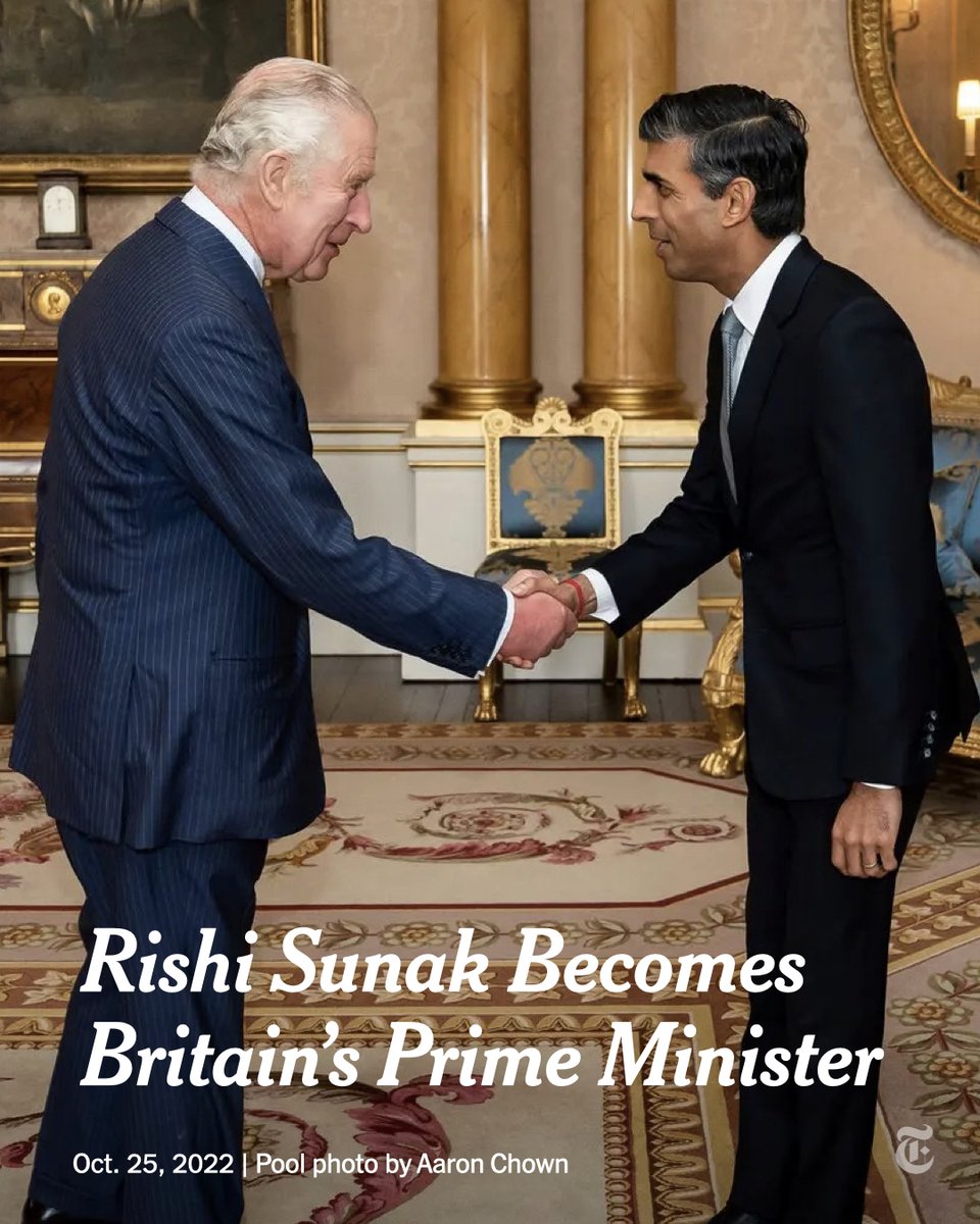 Rishi Sunak became Britain’s prime minister after meeting with King Charles III at Buckingham Palace. He is the first person of color to occupy the country’s highest political office.
nyti.ms/3FeCJpw