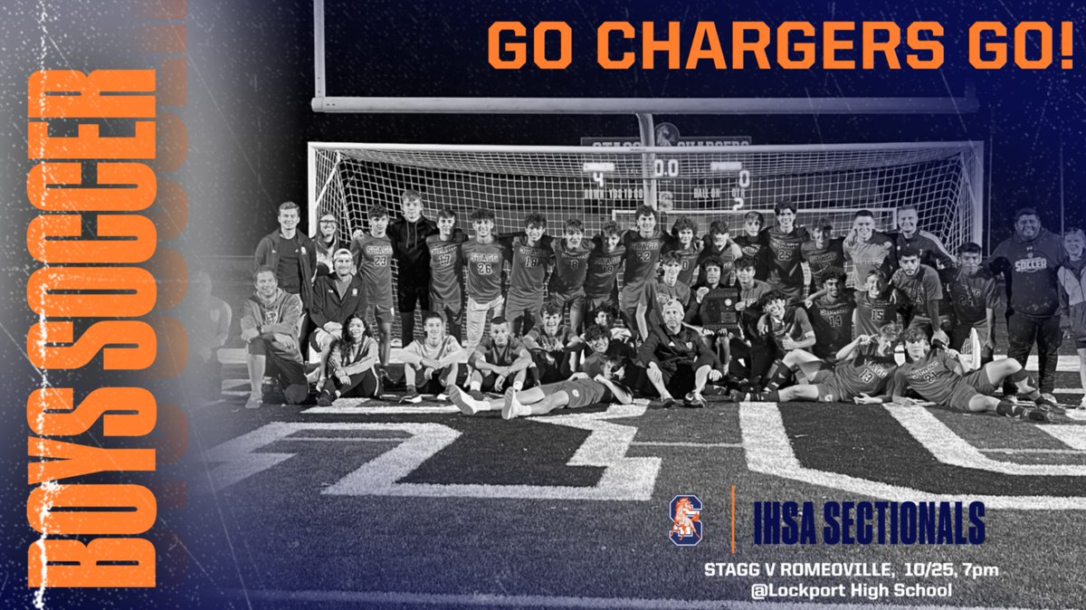StaggAthletics's tweet photo. Wishing the best to our @staggboyssoccer team as they play in the first round of the IHSA Sectionals tonight, 7pm v Romeoville at Lockport High School.  GO CHARGERS GO! #chargerpride @stagghighschool @ericolsen00 @chsd230 https://t.co/K29w0ukDkW