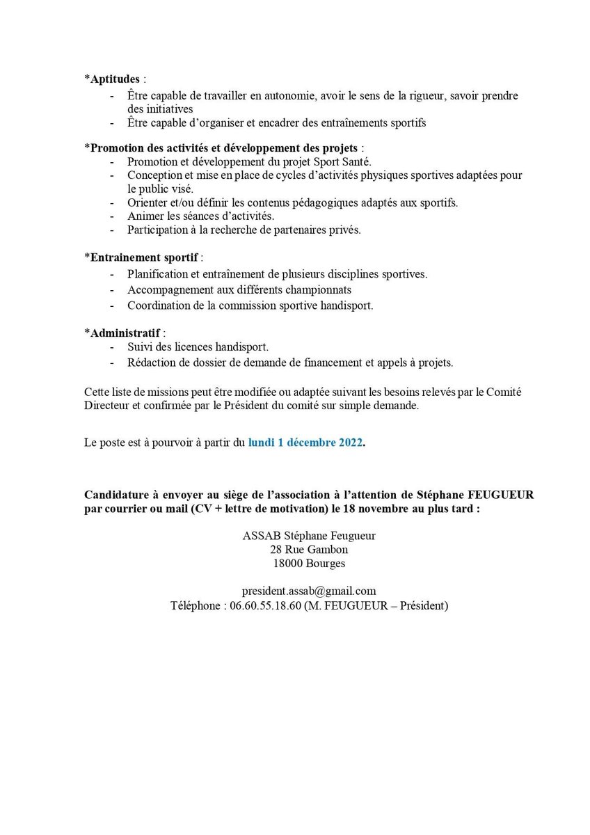 assabourges's tweet photo. 🔻🔻🔻🔻🔻🔻🔻🔻🔻
▫️OFFRE D'EMPLOI ▫️
🔺🔺🔺🔺🔺🔺🔺🔺🔺

Nous sommes à la recherche d'un agent de promotion et d'entraînement sportif dès cette fin d'année 2022
@CrosCvl @Tous_Au_Sport @RCValdeLoire @sporthandicaps @handiquesta @JOBFRANCECENTRE https://t.co/ADZvfKLFKu