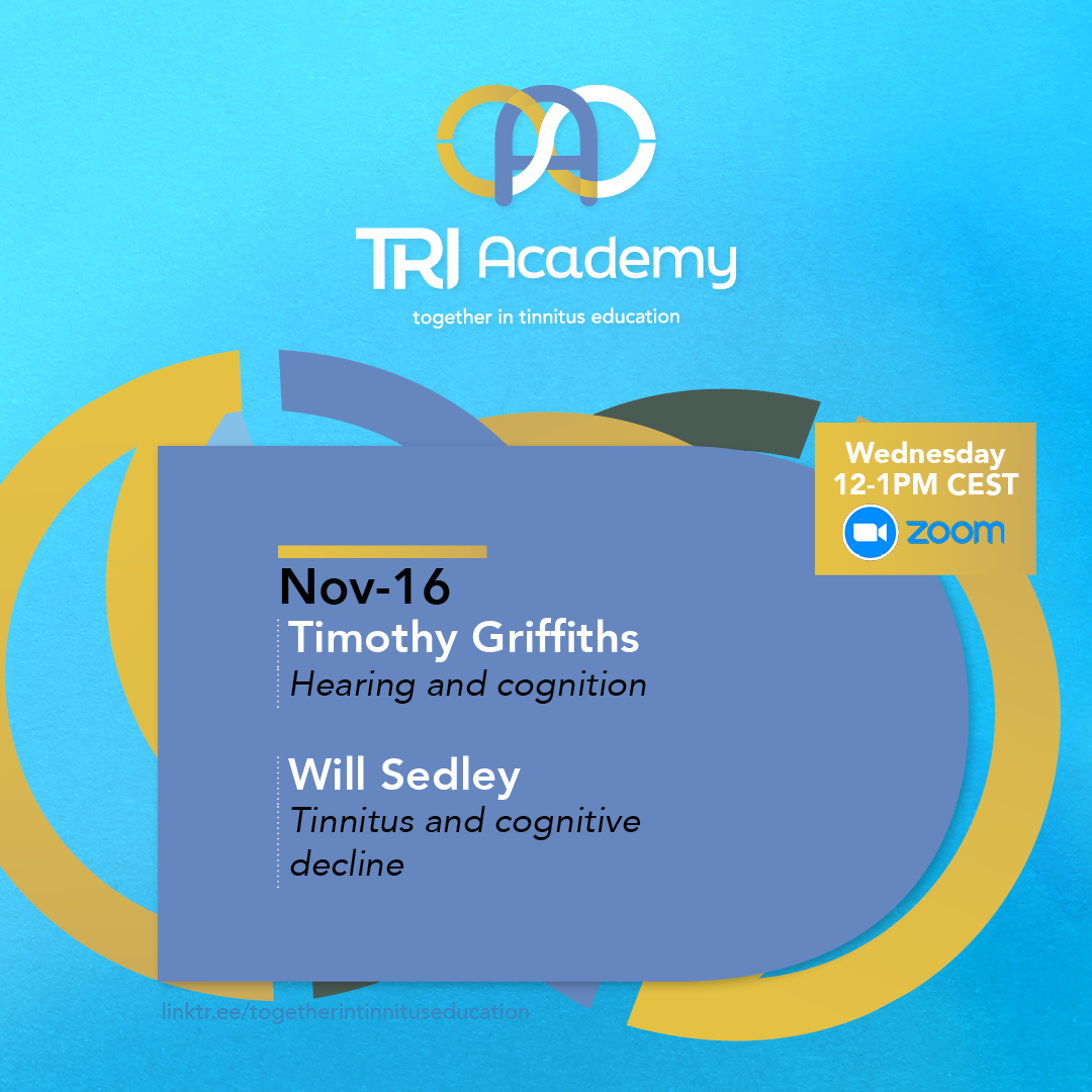 Register for the upcoming seminar episode on cognition, tinnitus and hearing loss by Timothy Griffiths and Will Sedley on November 16th between 12 and 1PM CEST 👇👇
us06web.zoom.us/webinar/regist…

Media Promotion team, TRI Academy 
#tri #triacademy #togetherintinnituseducation #tinnitus