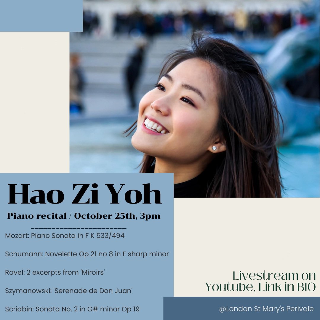 Today’s afternoon recital will be presented by a wonderful young pianist — Hao Zi Yoh.
Livestreaming on Youtube, link in Bio.
Join us to have an afternoon with Mozart, Schumann, Ravel, Szymanowski and Scriabin!