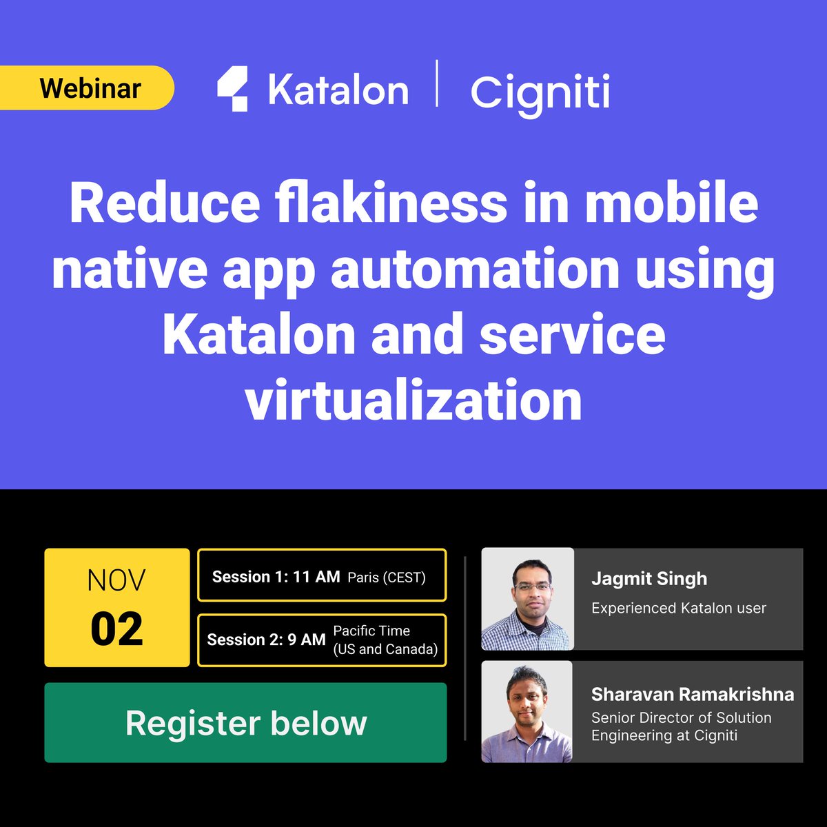 KatalonPlatform's tweet image. Flaky tests have been a headache for native mobile app developers. Join our webinar to learn how to use service virtualization in native app automation to reduce flakiness. 
 
Session 1: hubs.la/Q01qBzcW0 
Session 2: 
hubs.la/Q01qBy5V0 
 
#Katalon #appautomation