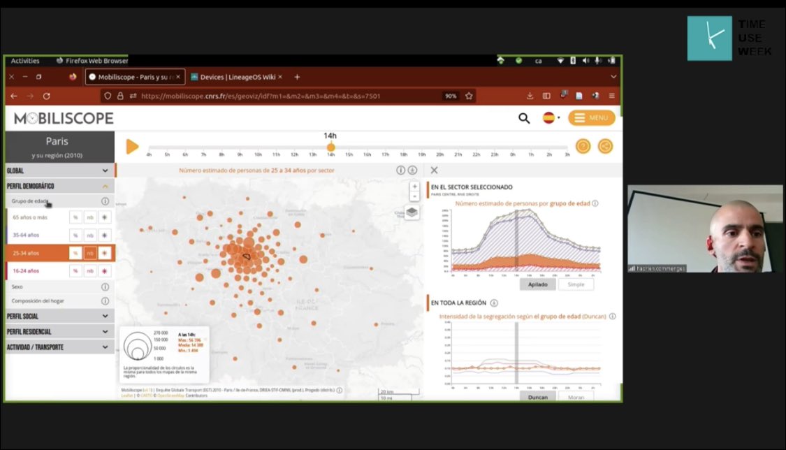 Hadrian Commenges presenta la aplicación <a href="/mobiliscope/">mobiliscope</a> que cuantifica la población presente a cada hora del día en los municipios que analizan, según su origen y sus medios de transporte, para ver qué efecto tiene la movilidad en la segregación social y el acceso a los servicios