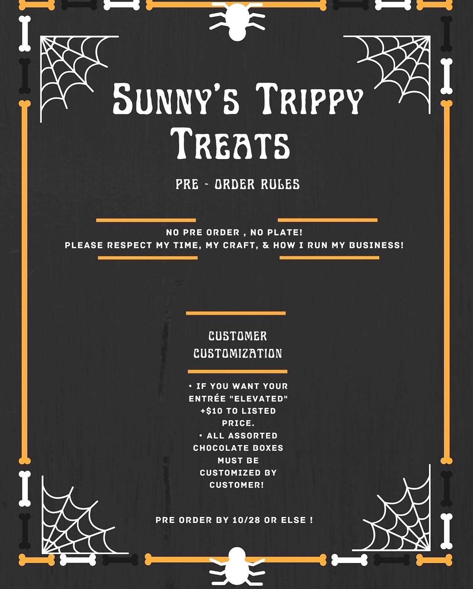 fa5tlane5unny's tweet photo. It’s almost that time everyone, all preorders for my #trickorterror menu MUST be in by Friday 10/28 unless we’ve made other arrangements❗️ #spookyszn #trippyween #boo 👻🎃 https://t.co/1ZUx7e2Ck5