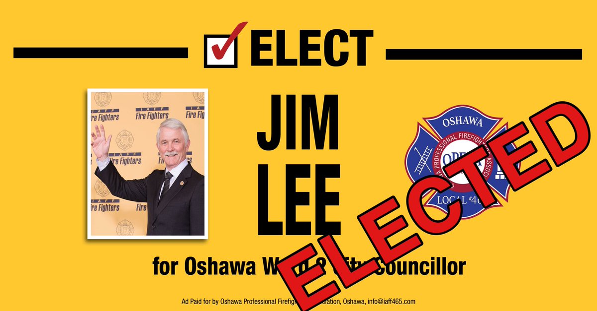 Congratulations Jim Lee on being elected to @oshawacity council. We look forward to working with you to improve firefighter safety and #publicsafety in our community. @opffa @IAFFCanada @IAFFofficial @OshawaFire