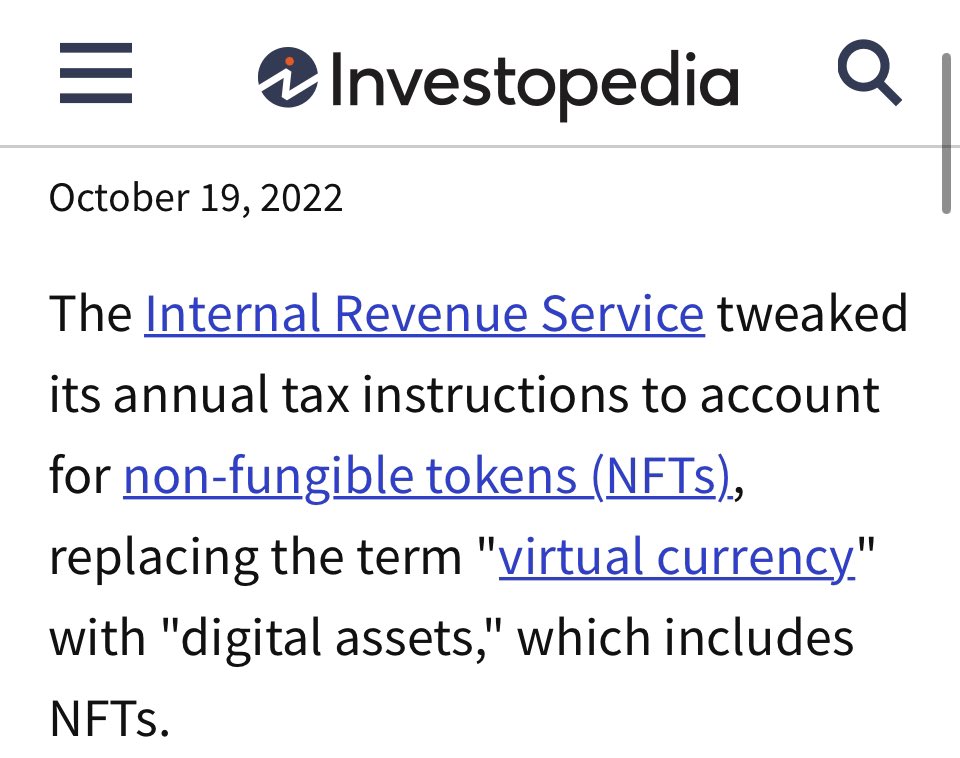 The IRS changing the terminology from “virtual currency” to “digital assets” should be the least of your concerns. Your NFT trades have always been subject to Capital Gains Tax 🧵