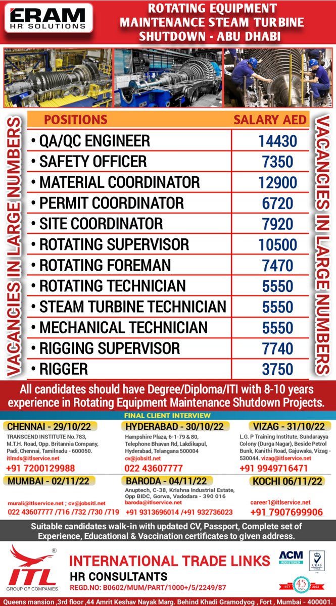 ItlJobs's tweet photo. JOB VACANCY FOR #abudhabi

CLICK ON LINK TO APPLY JOB > https://t.co/t4H7Iy9eMZ
Learn more :
https://t.co/L5a1jRLuOk

#rotatingequipment #shutdown #maintenancejobs #steamturbine #gasturbine #eram #hrsolutions #mechanical #supervisorjobs #rorating #petrochemical #refinery https://t.co/pYv7QoagnJ