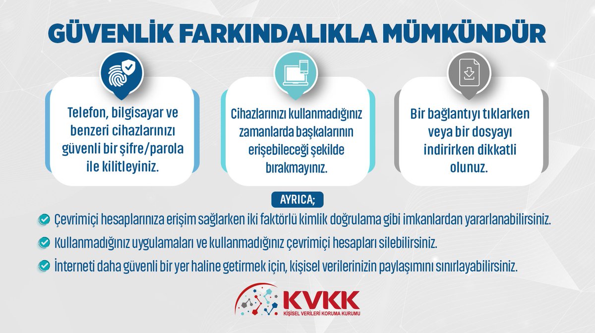 Güvenlik Farkındalıkla Mümkündür.

#FarkındaOlGüvendeKal
@KVKKurumu