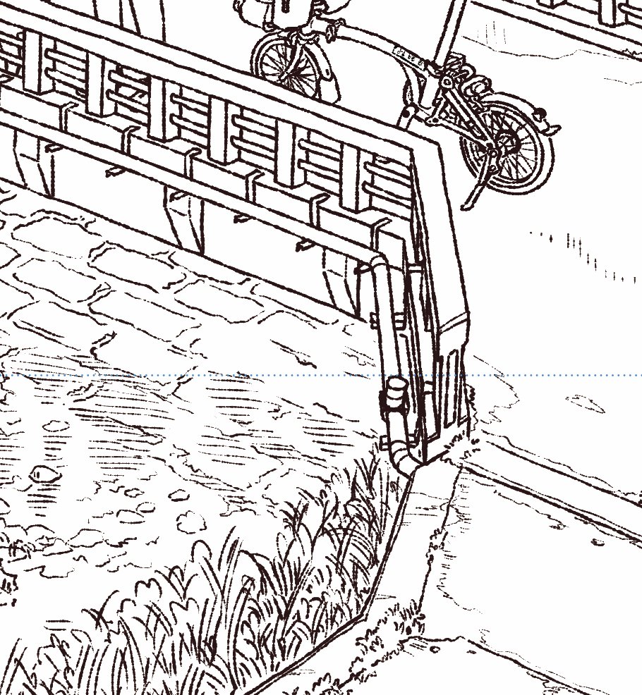 橋の横についている水道管みたいなパイプ?の作画作業です 