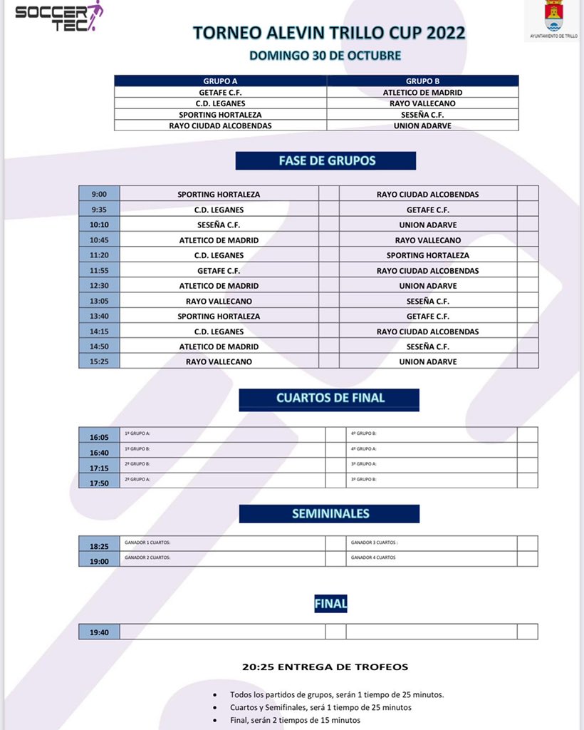 TORNEO FÚTBOL 11, para las categorías INFANTIL y ALEVÍN, los días 29 y 30 de Octubre. Durante el fin de semana disfrutaremos una vez más de la mejores canteras de la comunidad de MADRId. La entrada será gratuita y os esperamos en el campo de fútbol “EL ROBLEDAL” (Trillo) 🏆⚽️