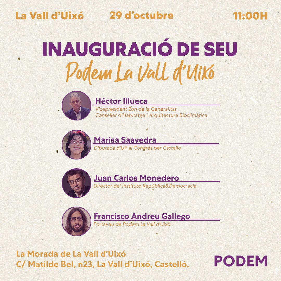podemlavall's tweet photo. 📣Aquest dissabte tenim una cita amb la inauguració de la Morada de Podem La Vall d’Uixó (C/Matilde Bel 23) a les 11:00. Comptarem, entre d'altres, amb Héctor Illueca, Juan Carlos Monedero i Marisa Saavedra. 

🗓Dissabte 29
⏰11:00
📍La Morada de Podem La Vall C/Matilde Bel 23 https://t.co/lgMJ320qpo