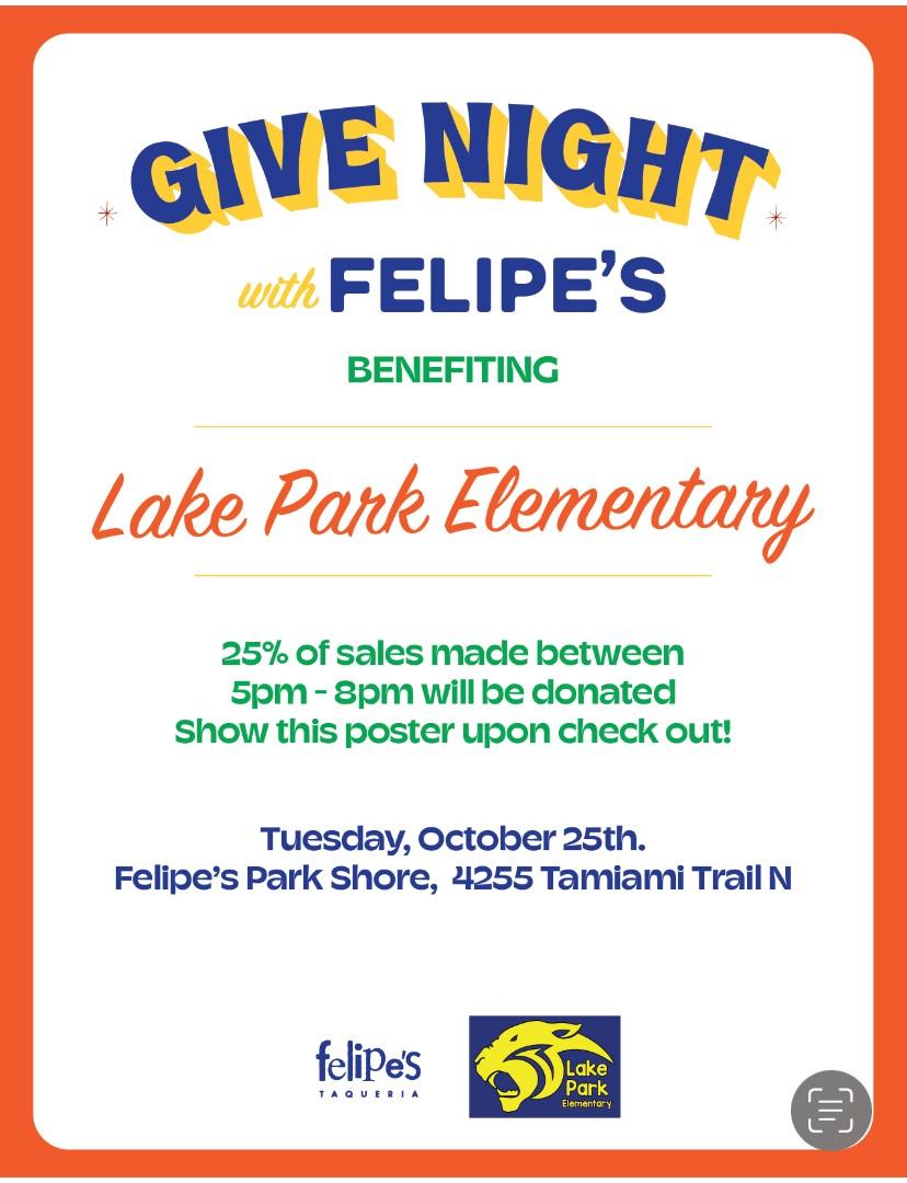 Reminder that tonight is Lake Park Night at Felipe's from 5pm-8pm. 25% of sales made will be donated back to LPE. We hope to see you there!