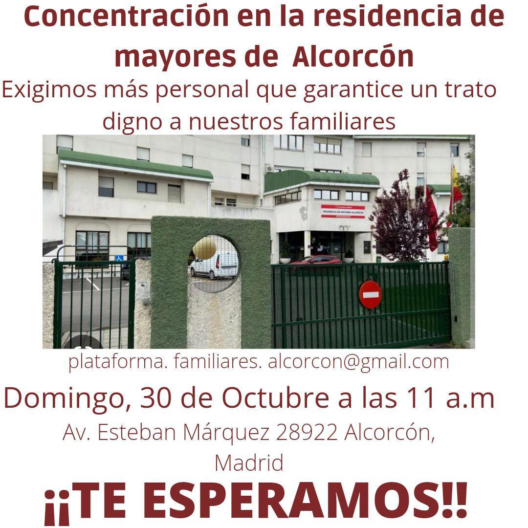 Acompañarnos este domingo para denunciar la lamentable situación en la que viven los residentes de Alcorcón. <a href="/AytoAlcorcon/">Ayuntamiento de Alcorcón</a> <a href="/natadeandres/">Natalia de Andres</a> <a href="/UCMResidencias/">UCMR Unión Ciudadana por la Mejora en Residencias</a> <a href="/65ymuchomas/">65YMÁS</a> <a href="/pensionazo_no/">G. C. LA VOZ de LAS PLATAFORMAS</a> <a href="/GanarAlcorcon/">Ganar Alcorcón</a> <a href="/psoealcorcon/">PSOE Alcorcón ♥️🏳️‍🌈</a>