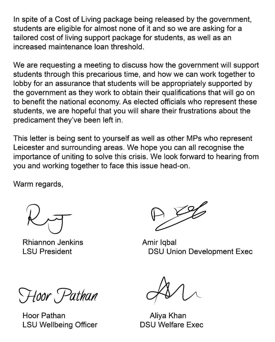 Today at 11am, @LeicsPresident and @demontfortsu wrote to MPs of Leicester &amp; surrounding area to ask for a meeting to discuss targeted cost of living support for students. We can’t wait to hear back from <a href="/ClaudiaWebbe/">Claudia Webbe</a> <a href="/leicesterliz/">Liz Kendall</a> <a href="/JonAshworth/">Jonathan Ashworth</a> <a href="/NeilDotObrien/">Neil O'Brien</a>