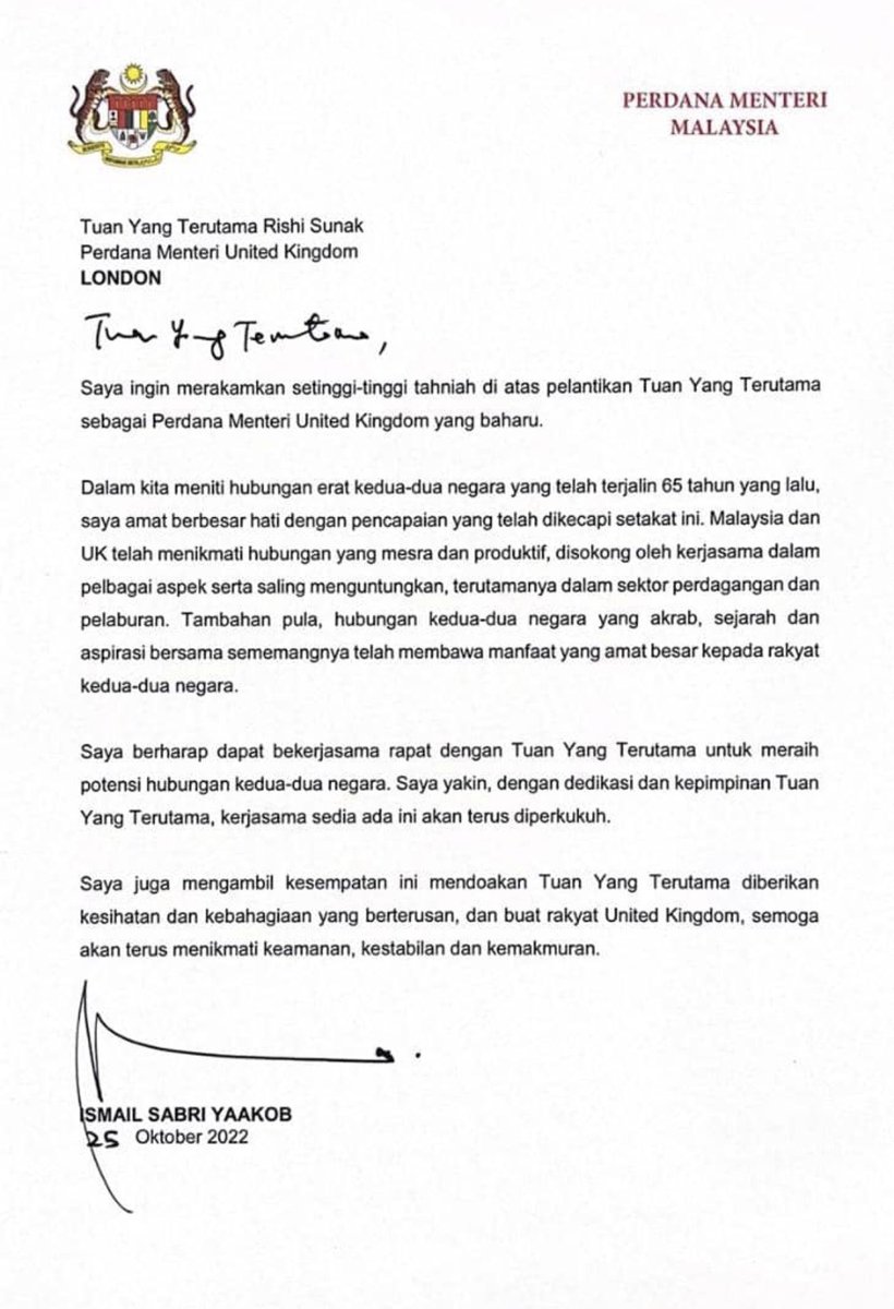 Tahniah TYT <a href="/RishiSunak/">Rishi Sunak</a> di atas pelantikan sebagai Perdana Menteri United Kingdom.

Saya berharap dapat bekerjasama rapat dengan TYT untuk meraih potensi hubungan kedua-dua negara. 

Saya yakin, dengan dedikasi dan kepimpinan TYT, kerjasama sedia ada ini akan terus diperkukuh.