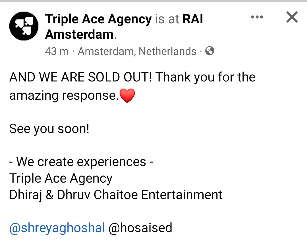 SonaSsg's tweet photo. Vibing to the immense musical way..
@shreyaghoshal 's #Amsterdam concert tickets are sold out...
Yayyayayya! The bestest musical deal to respond on #30Oct2022.
Best wishes Nightingale..✌✌✌ https://t.co/dhJYdpFuha