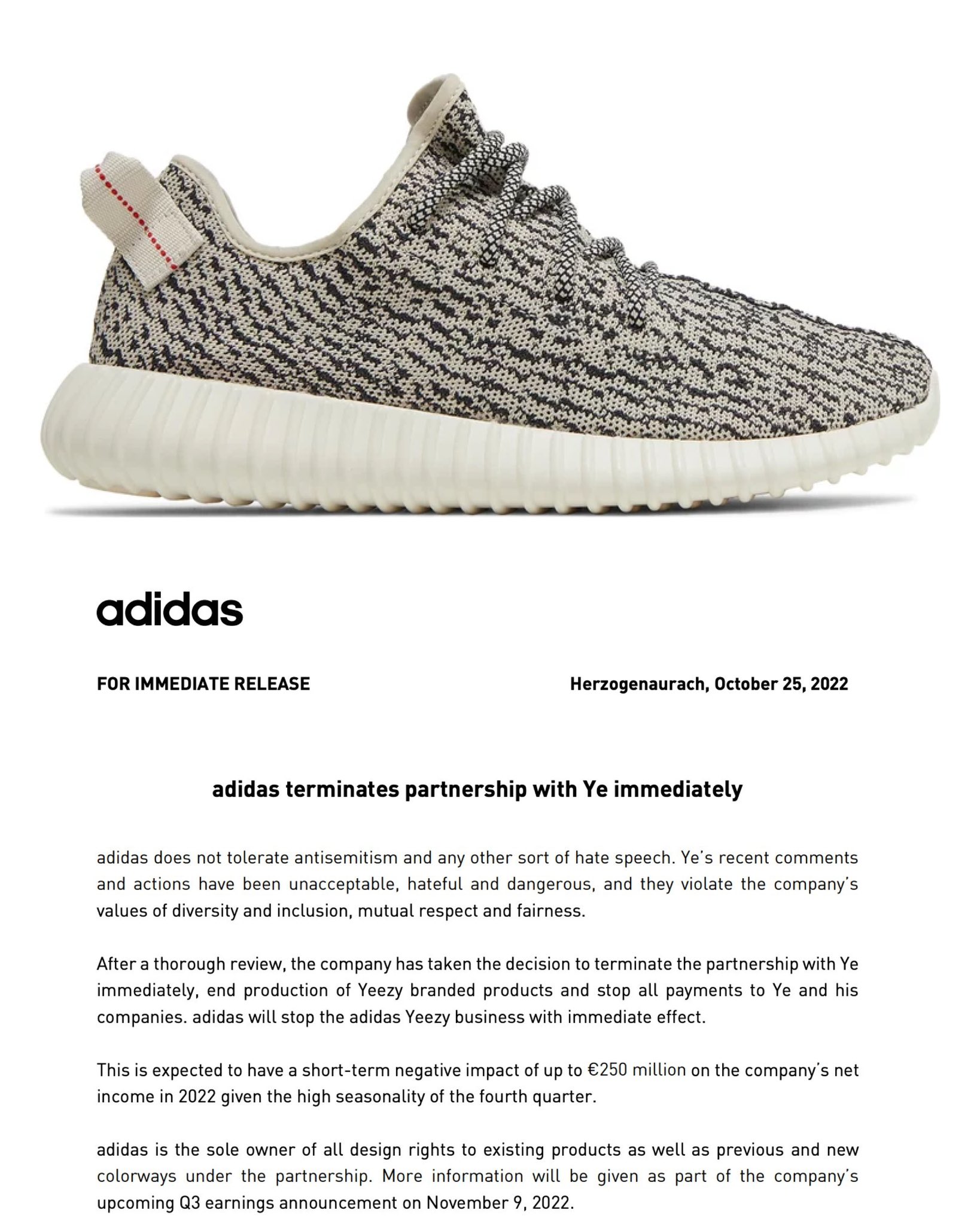zSneakerHeadz on X Adidas terminates partnership with Ye immediately https t 33hjt5zZcx X