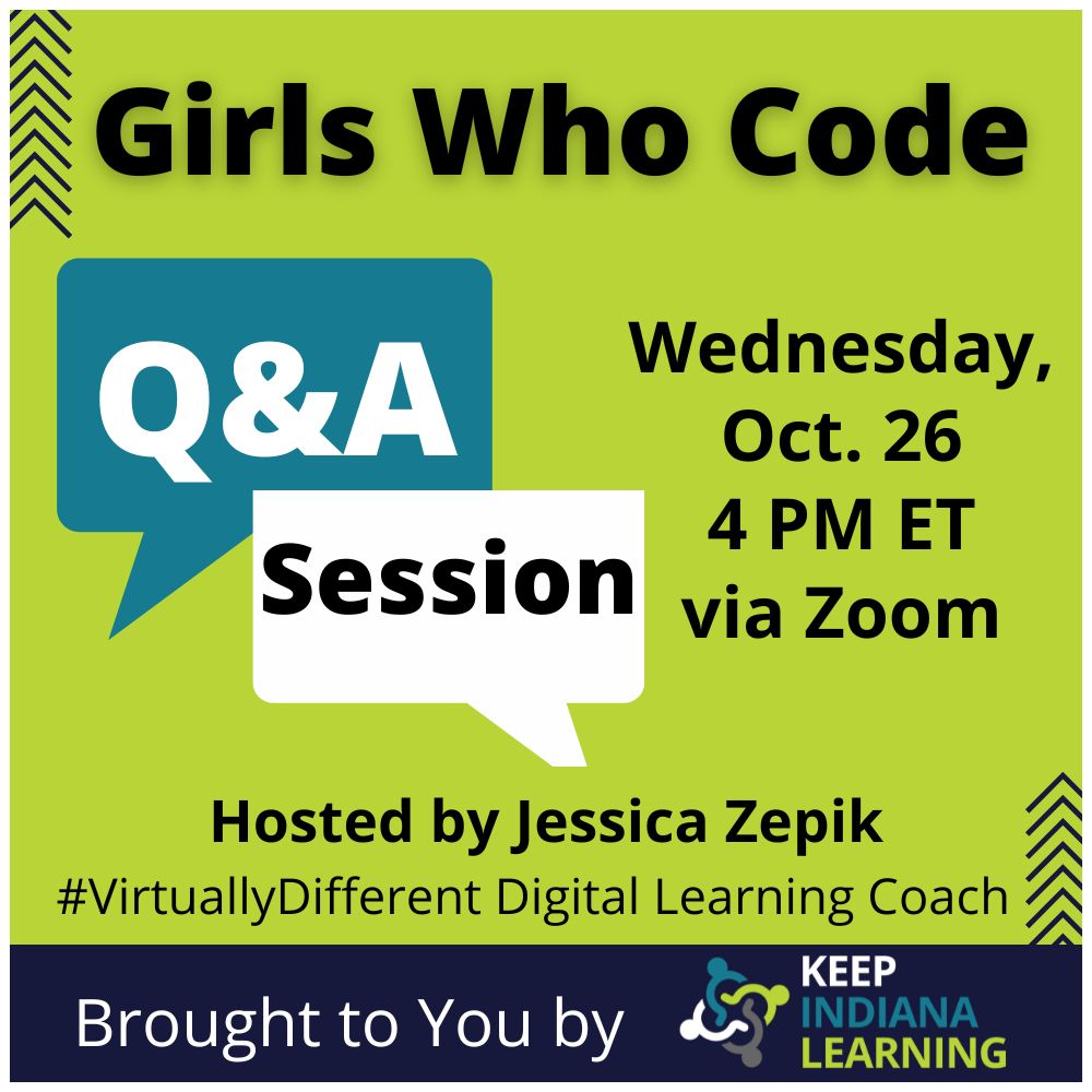 Tomorrow is the day! Learn more about sponsoring a @GirlsWhoCode club! The Q&A session with @JessicaZepik is Wednesday at 4 PM ET. Submit your questions in advance: forms.gle/ZeJB8QbJFB9D3v…. Register now: keepindianalearning.org/engagement-cen… #STEM #STEMeducation