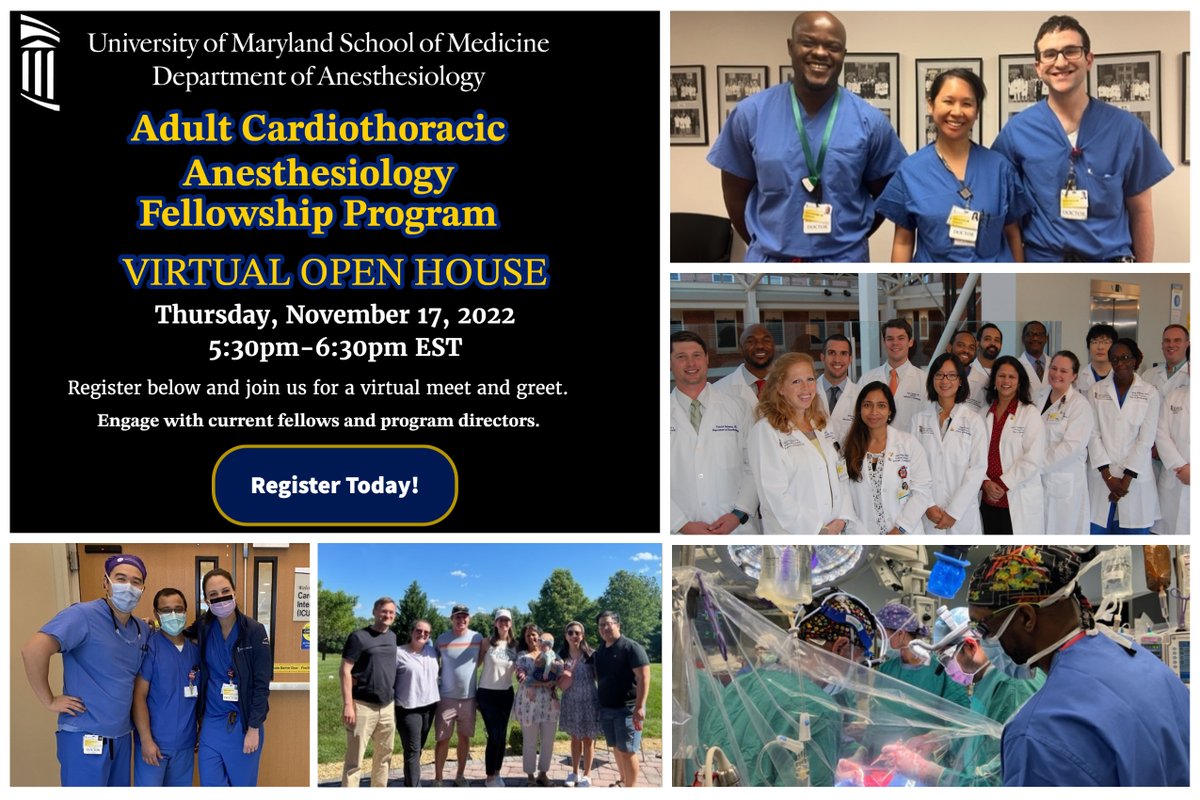 UMD_Anesthesia's tweet photo. Come see what we're all about at our Adult Cardiothoracic Anesthesiology Fellowship Program Meet and Greet Open House on Thurs, Nov. 17th from 5:30-6:30pm. Register at https://t.co/eWkKI3SMsA We hope to see you there! #anesthesiology #fellowship #CTanesthesia https://t.co/07wtIKip0J