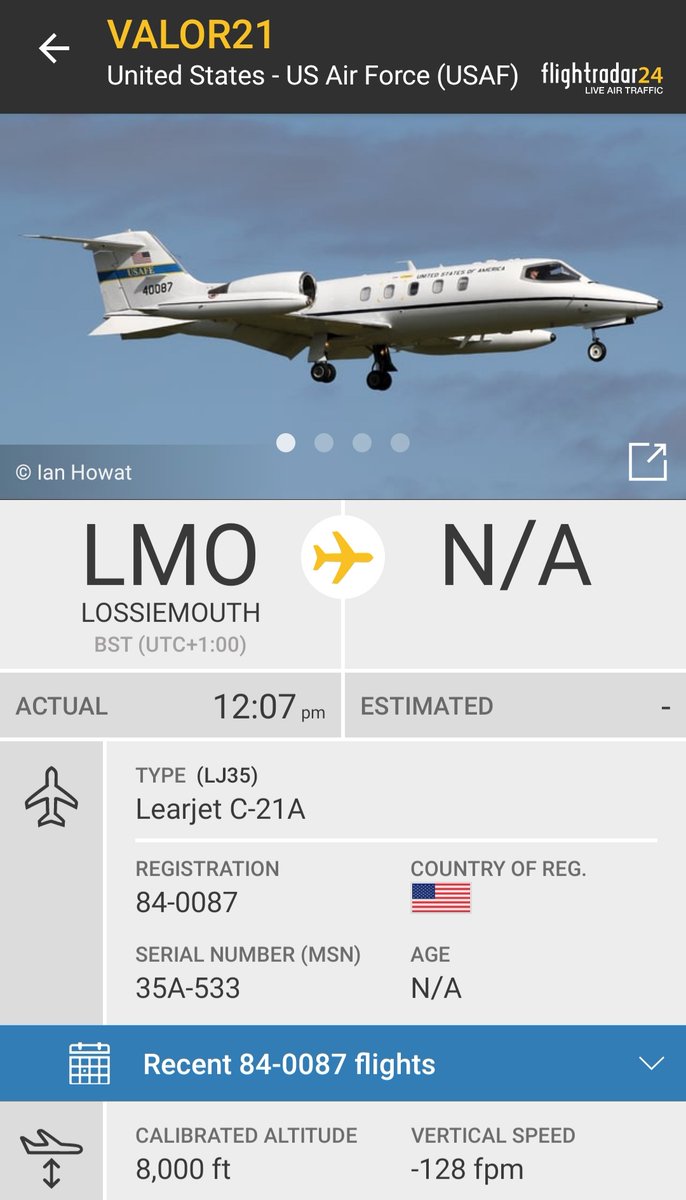 BloodyPolitics's tweet photo. Nice ๐
๐บ๐ธ USAF Learjet C-21A #VALOR21 84-0087 from Lossiemouth on the descent for Prestwick
#avgeek https://t.co/5No7I4FtPq https://t.co/0DpEh6zlvz