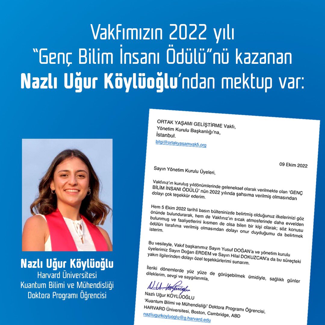 Vakfımızın “Genç Bilim İnsanı Ödülü”nü kazanan Nazlı Uğur Köylüoğlu’ndan mektup var. #nazlıuğurköylüoğlu #ortakyaşamıgelistirmevakfi