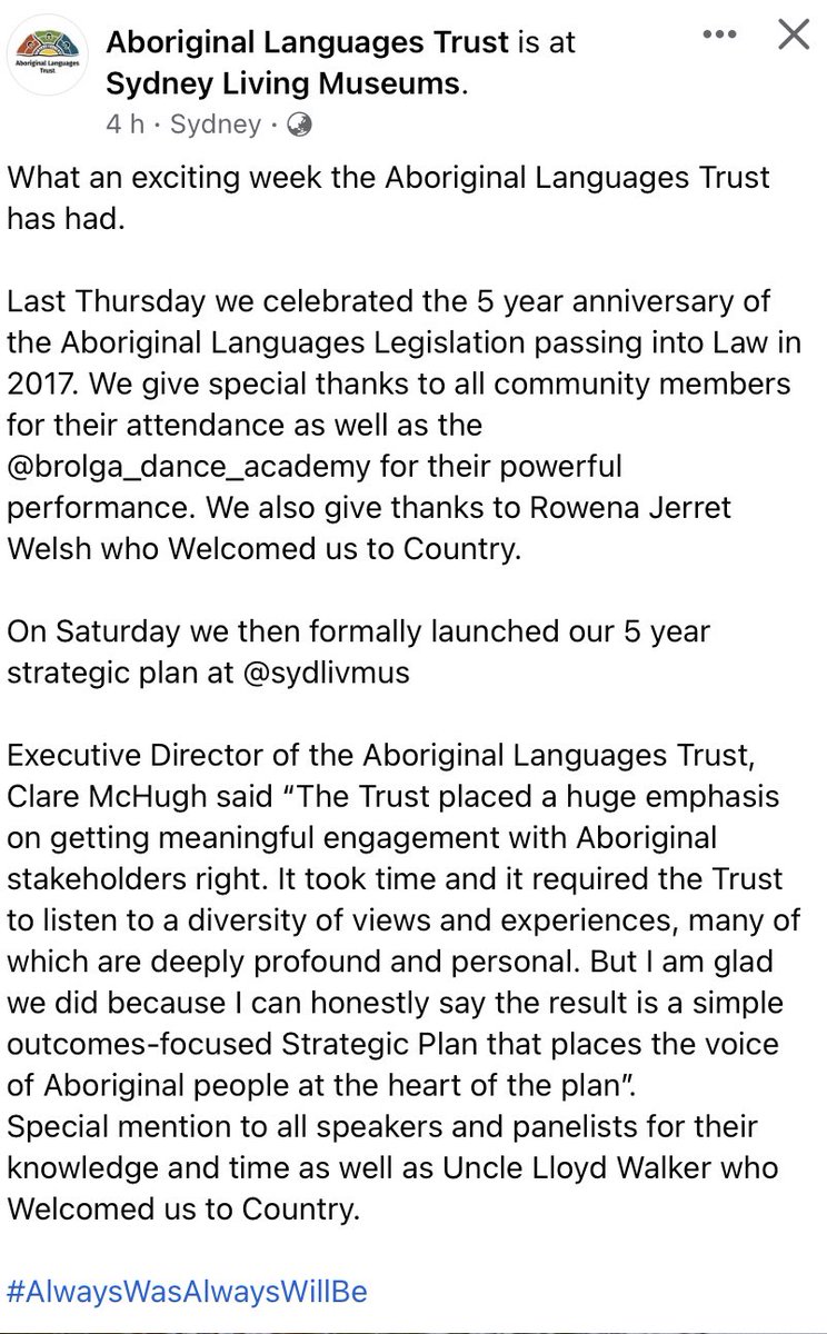 RWelshJarrett's tweet photo. ‘May our languages continue to be spoken by our people on our Country.’
The Aboriginal Languages Trust celebrated their 5 year anniversary of the Aboriginal Languages Legislation passing into Law in 2017. They officially launched their 5 year strategic plan at @sydlivmus.
#awawb https://t.co/z2qys1mYq9