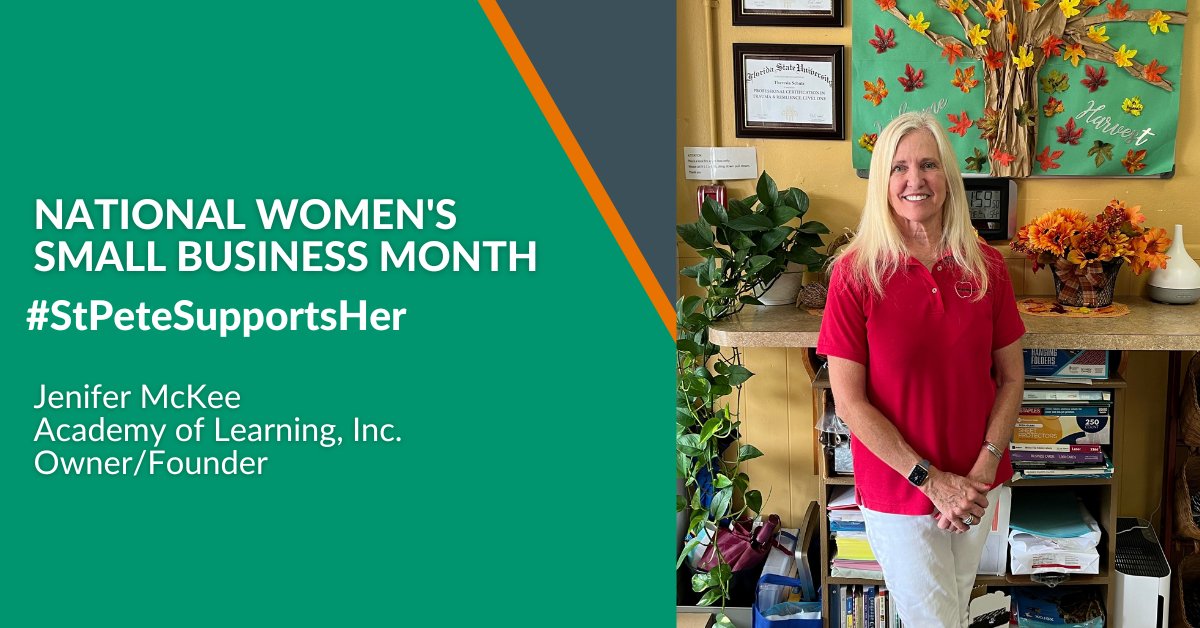 For #WomensSmallBusinessMonth, we’re highlighting women entrepreneurs who pursued their dreams of launching a business and found success through dedication and hard work, like Jenifer McKee, owner of Academy of Learning.  
stpetegreenhouse.com/stpetesupports…

#StPeteSupportsHer #WeAreStPete