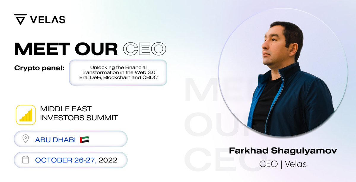 Meet our CЕО <a href="/SFarkhad/">Farkhad Shagulyamov</a> at the Middle East Investors Summit 2022.

⌚️When: 27 October, 2022 (Day 2)
📌Crypto Panel – Unlocking the Financial Transformation in the Web 3.0 Era: #DeFi, #Blockchain and #CBDC

📲You can find a link to the festival program here: mecollabevents.com