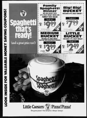 Snack_Memories's tweet photo. Little Caesar's Spaghetti Bucket (1993-circa 1994): A plastic bucket containing breadsticks, pasta, and sauce,  available in sizes little, medium, or "Big! Big!" https://t.co/zkP6hSfIKP