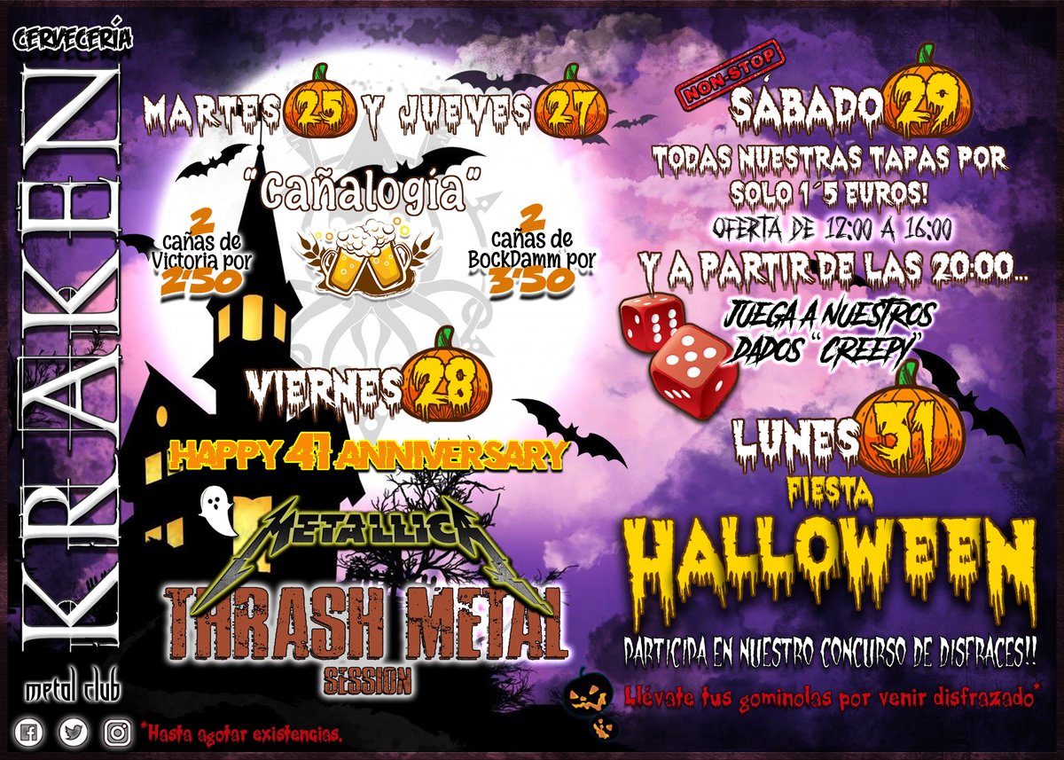 Hola a todxs, pulpillxs!!
Una semana para casi acabar el mes, y ya sabéis lo que nos encanta nuestra semana de Halloween!!
Cara al fin de semana vendrán cositas, sin olvidar nuestra "Cañalogía" de martes y jueves, así como nuestro concurso de disfraces.
Os esperamos! 🎃