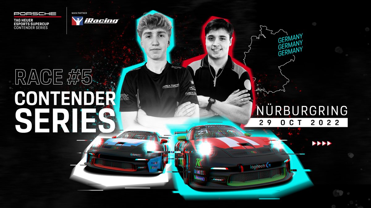 #PESC - Buckle up for the next humdinger of a race. The #Porsche @TAGHeuer Esports Supercup by @iRacing Contender Series heads to the digital #Nuerburgring GP circuit at 21:00 CEST. @xPeterBerrymanx tops the Series. See if it stays that way, only on twitch.tv/Porsche