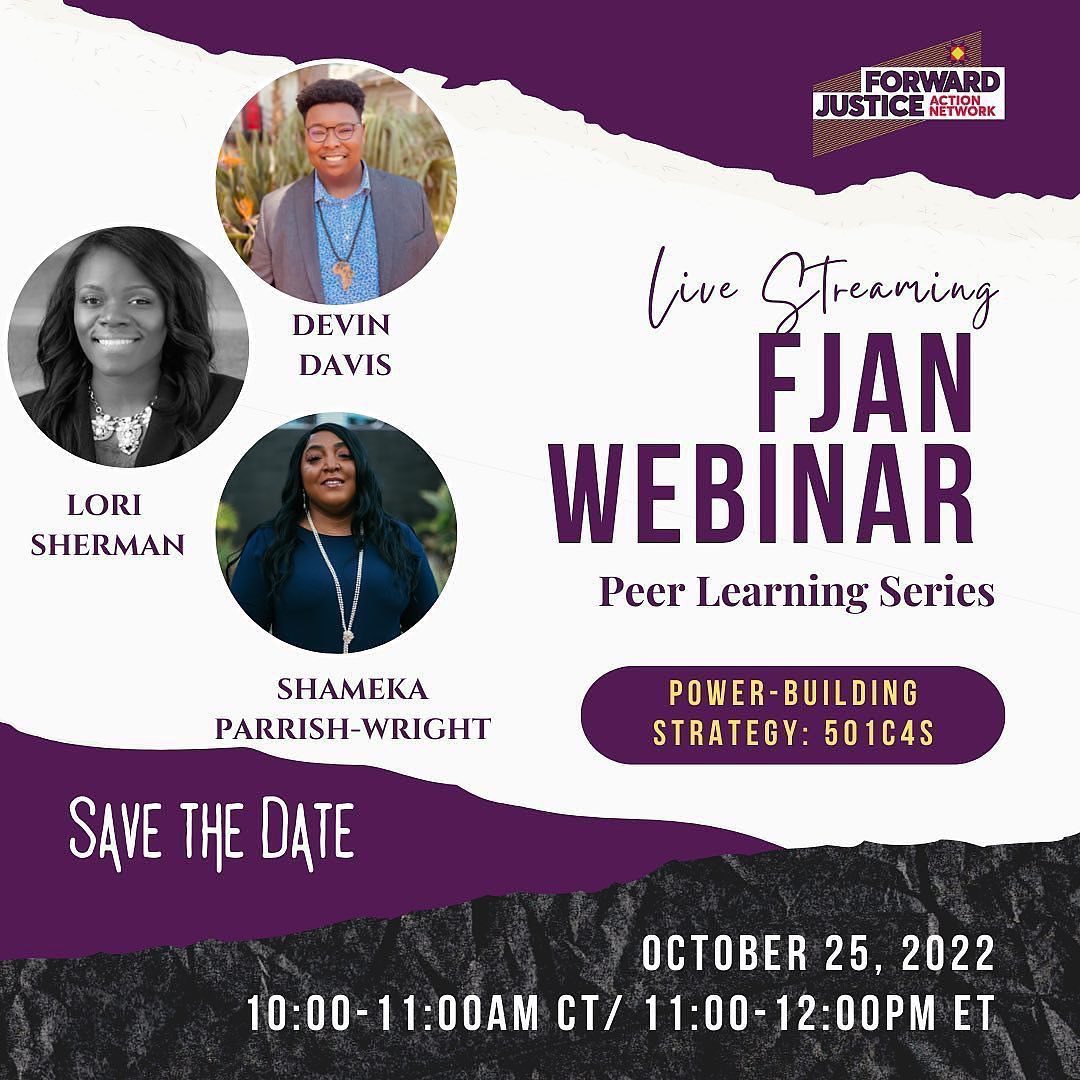_FJAN_'s tweet photo. Join us TODAY at 10am CT/ 11am ET for our Peer Learning Series Webinar!

Guest speakers Devin Davis, Lori Sherman and Shameka Parrish-Wright will be discussing Power-Building Strategy. 

There’s still time to register!
https://t.co/gsqbe4Dk4f

#FJAN #ForwardJustice https://t.co/sTM4vWi1fC