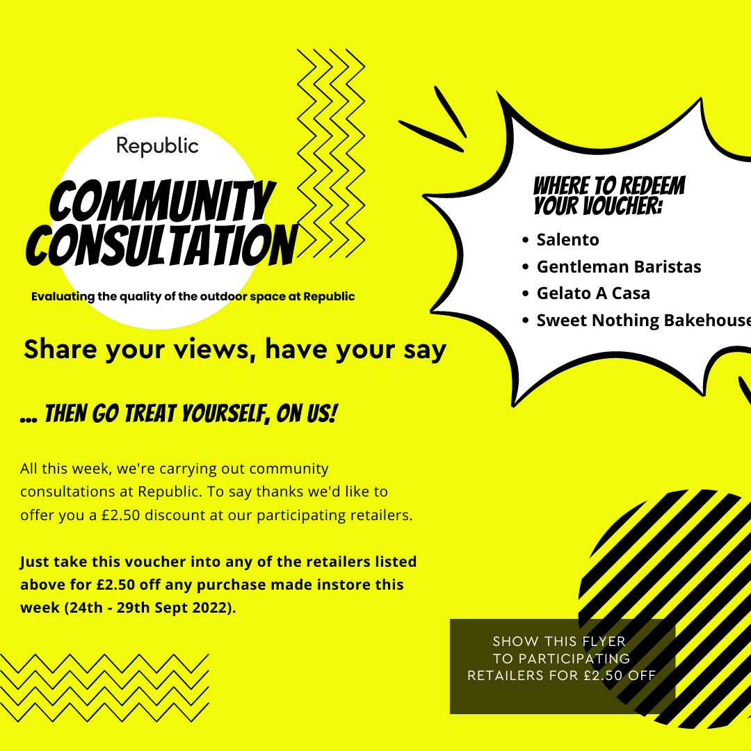 This week we're carrying out #community consultations on the #outsidespace at Republic.

Tell us what you think of the water gardens, pods, pavilions, and the sandpit &amp; get £2.50 off drinks or snacks at our participating onsite retailers.

smartsurvey.co.uk/s/rdgep2